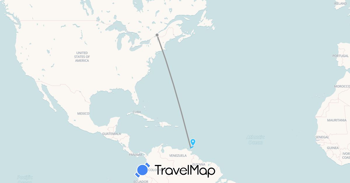 TravelMap itinerary: plane, boat in Canada, Trinidad and Tobago (North America)